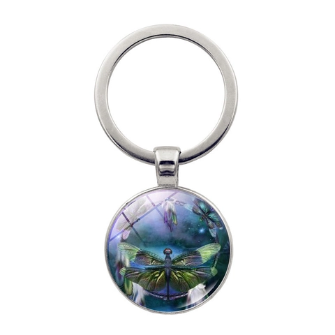 Libelle Glas Cabochon Schlüsselanhänger Vintage Zinklegierung Rund Anhänger Schlüsselring Retro Fantasy Kunst Zubehör