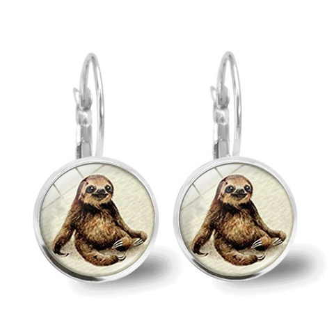 Cute Sloth Leverback Earrings Alloy Glass Round Cabochon Animal Jewelry Vintage Style Dangle Dainty Accessory For Women