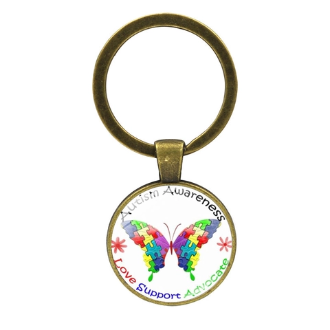 Autism Awareness Butterfly Puzzle Piece Glass Cabochon Metal Keychain Antique Bronze Silver For Love Support Advocate Gift