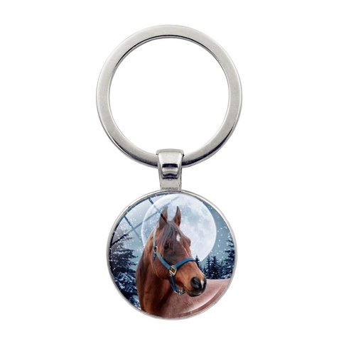 Retro Paard Sleutelhanger Zinklegering Glas Cabochon Hanger Dier Maan Nacht Bos Vintage Sleutelring