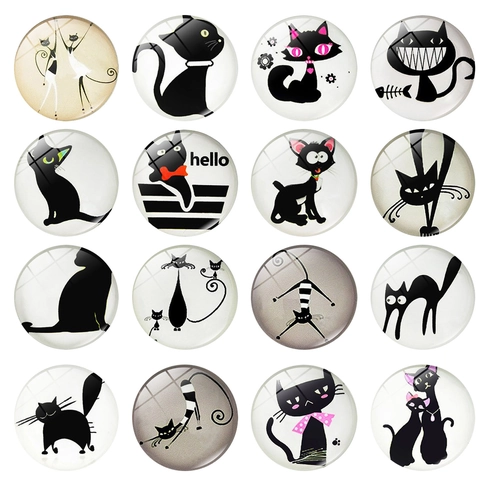 Artistiek Abstract Zwarte Kat Koelkastmagneet 25mm Rond Kristalglas Tijd Edelsteen Magnetisch Whiteboard Decoratie Voor Keuken Kantoor