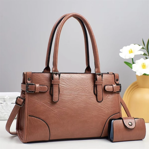 Retro Damen Handtasche Und Kartenhalter PU Leder Große Kapazität Tote Umhängetasche Frühling Täglich Büro