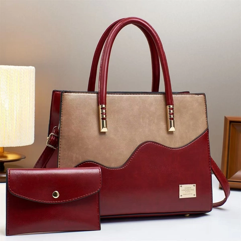 Borsa A Mano Tote In Pelle PU A Contrasto E Portafoglio Cuciture Ondulate Borsa A Tracolla Grande Capacità Donne Ufficio Elegante