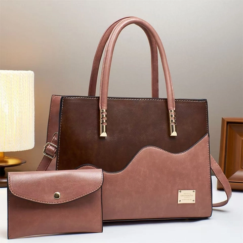 Borsa A Mano Tote In Pelle PU A Contrasto E Portafoglio Cuciture Ondulate Borsa A Tracolla Grande Capacità Donne Ufficio Elegante