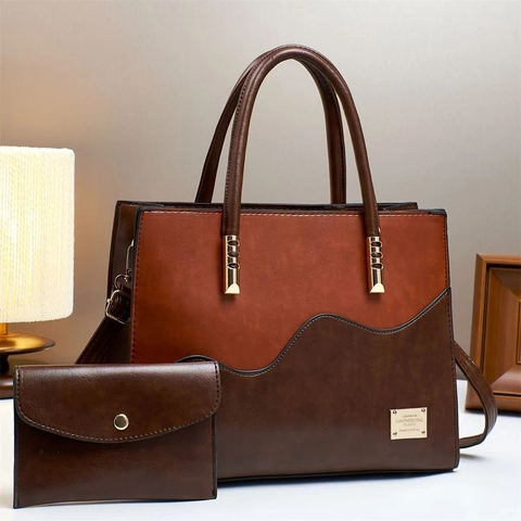 Women Wavy Colorblock Tote And Pouch PU Leather Large Capacity Shoulder Bag Elegant Commuting Handbag For Office Ladies