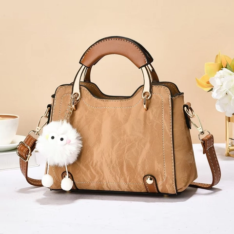 Fashion Women Wrinkled PU Leather Handbag With Cute Plush Pendant Versatile Shoulder Crossbody Bag For Daily Commute