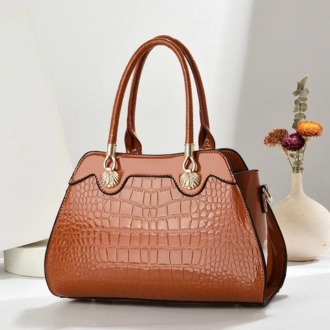 Women Crocodile Embossed Glossy PU Leather Handbag With Shell Metal Hardware Large Capacity Shoulder Crossbody Satchel Bag