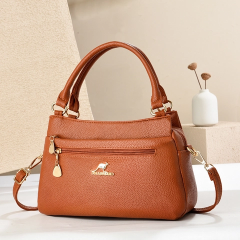 Damen Litschi-Muster PU-Leder Handtasche Elegante Mehrlagige Schulter-Umhängetasche Mit Goldenem Känguru-Logo Für Den Alltag