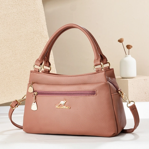 Damen Litschi-Muster PU-Leder Handtasche Elegante Mehrlagige Schulter-Umhängetasche Mit Goldenem Känguru-Logo Für Den Alltag