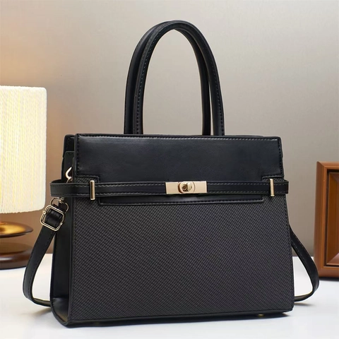Elegant Women Handbag PU Leather Woven Stitching Design Metal Lock Closure Top Handle Shoulder Crossbody Bag Versatile