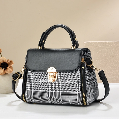 Bolso De Mano Mujer Cuero PU Pata De Gallo Bloque De Color Bolso Bandolera Asa Superior Retro Moda Elegante