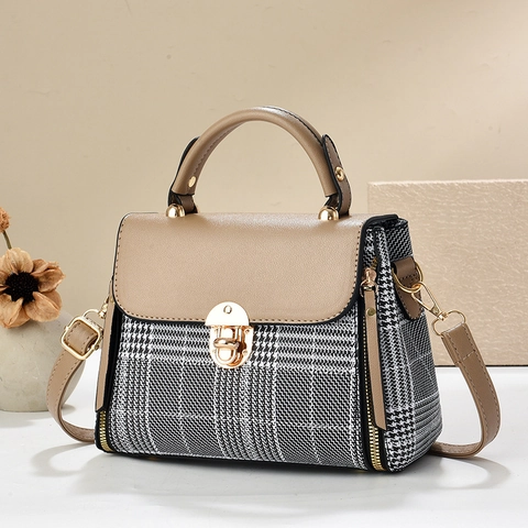Bolso De Mano Mujer Cuero PU Pata De Gallo Bloque De Color Bolso Bandolera Asa Superior Retro Moda Elegante