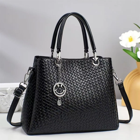 Borsa Tote da Donna in Pelle PU a Trama Intrecciata Con Ciondolo Sorriso Grande Capacità Borsa a Mano Elegante Tracolla