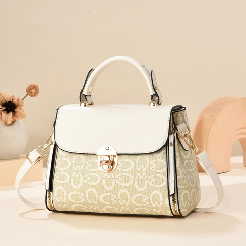 Women's Vintage Monogram PU Leather Handbag Contrast Color Crossbody Bag With Metal Lock Elegant Shoulder Bag For Daily Office