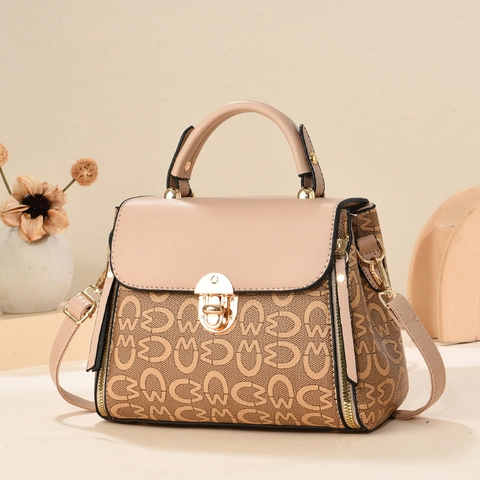 Women's Vintage Monogram PU Leather Handbag Contrast Color Crossbody Bag With Metal Lock Elegant Shoulder Bag For Daily Office