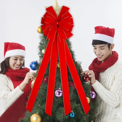 Grande Fiocco di Natale in Velluto Decorazione per Albero Con Bordo Dorato Fiocco Rosso in Tessuto Floccato per Camino Porta