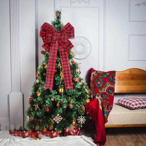 Large Christmas Bow Tree Topper Buffalo Plaid Red Velvet Glitter Bows With Elk Snowflake Print For Xmas Party Decor