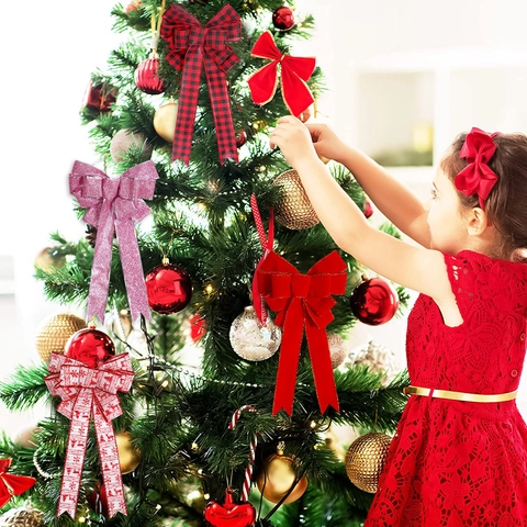Large Christmas Bow Tree Topper Buffalo Plaid Red Velvet Glitter Bows With Elk Snowflake Print For Xmas Party Decor