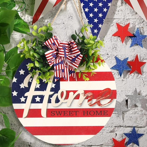 Independence Day Wood Sign American Flag 4th July Welcome Plaque Patriotic Door Hanger With Bow Greenery Home Wall Decor