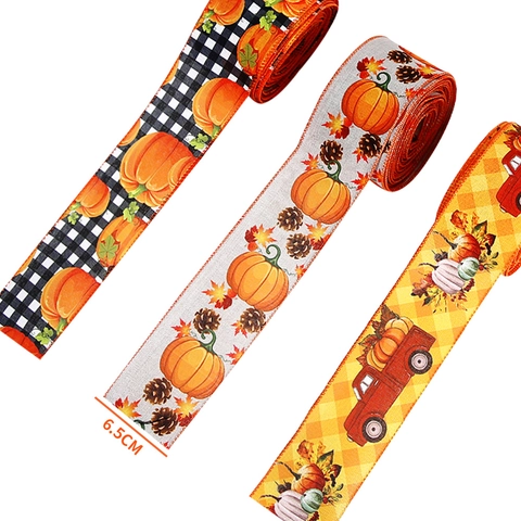 Halloween Autumn Wired Edge Ribbon Pumpkin Maple Leaf Vintage Truck Gingham Pattern For Thanksgiving DIY Bow Decoration Gift Wrapping