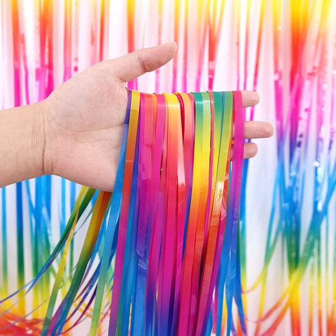 Rainbow Foil Fringe Curtain Macaron Gradient Tinsel Backdrop Shimmer Photo Booth Prop For Birthday Wedding Party Decoration