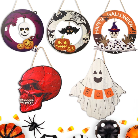Halloween Targa Sospesa in Legno Fantasma Zucca Teschio BOO Placca Porta per Casa Festa Decorazione Parete Interna Festiva