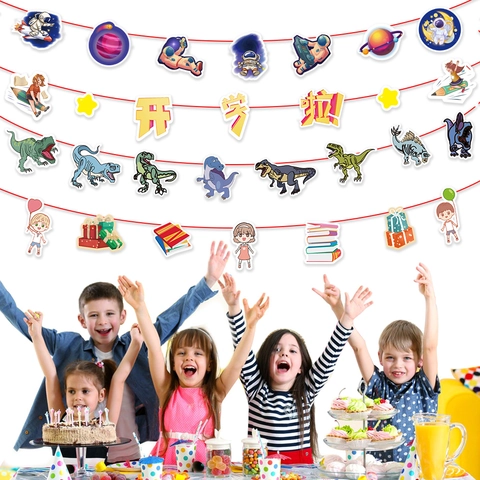 Striscione Ritorno a Scuola Cartone Animato Dinosauro Astronauta Tema Bambini Carta Ghirlanda Appesa Decorazione Festa Classe