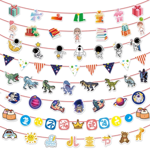 Kindertag Party Banner Papier Girlande Cartoon Dinosaurier Astronaut Hängende Dekoration Für Klassenzimmer Geburtstag