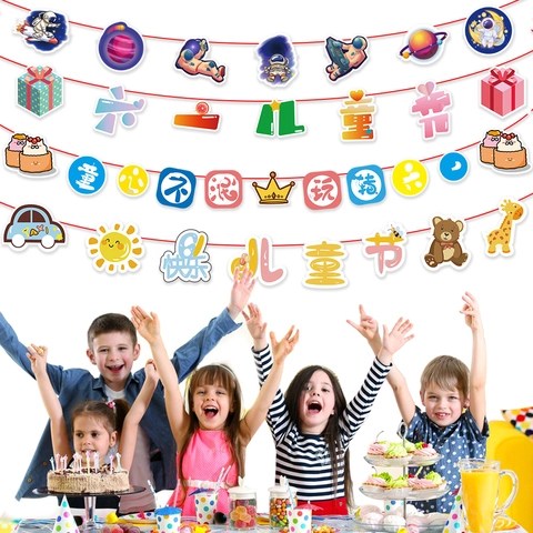 Kindertag Party Banner Papier Girlande Cartoon Dinosaurier Astronaut Hängende Dekoration Für Klassenzimmer Geburtstag