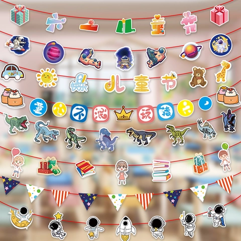 Ensemble de Bannières en Papier Cartoon Journée des Enfants Coloré Animaux Dinosaure Astronaute Guirlande pour Décoration de Fête École
