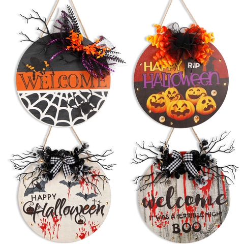 Placa de Madera de Bienvenida para Puerta de Halloween Huella de Mano Sangrienta Espeluznante Telaraña Letrero Redondo Con Luces LED Decoración Colgante de Terror para Fiesta Hogar Pared