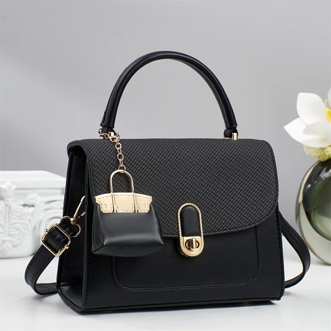 Women Retro PU Leather Woven Texture Small Square Handbag Gold Metal Lock With Mini Bag Charm Crossbody Shoulder Bag