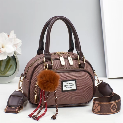 Borsa A Mano Boston Da Donna Trama Denim Retrò Borsa A Tracolla In Pelle PU Con Cinturino Jacquard E Ciondolo Pompon