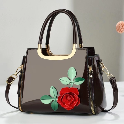 Elegante Lakleren Handtas Met 3D Roos Bloem Decor Glanzend Vrouwen Grote Capaciteit Crossbodytas Voor Feest Mode