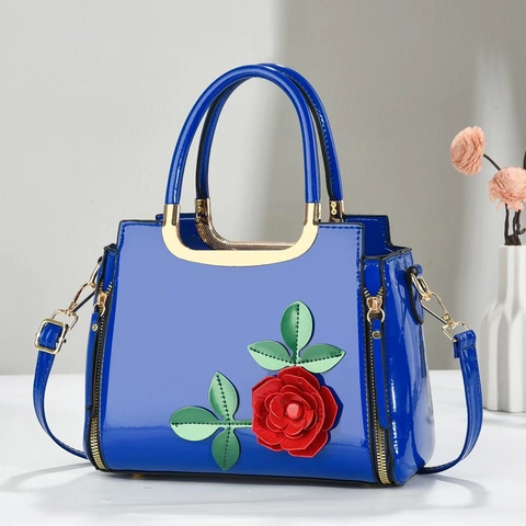Elegante Lakleren Handtas Met 3D Roos Bloem Decor Glanzend Vrouwen Grote Capaciteit Crossbodytas Voor Feest Mode