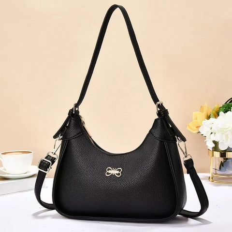 Women Litchi Grain PU Leather Hobo Bag Golden Bow Buckle Adjustable Strap Retro Minimalist Trendy Shoulder Handbag