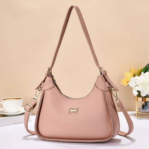 Women Litchi Grain PU Leather Hobo Bag Golden Bow Buckle Adjustable Strap Retro Minimalist Trendy Shoulder Handbag