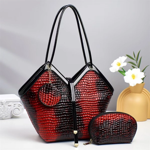 Women Handbags Crocodile Pattern PU Leather Large Capacity Tote Shoulder Bag With Matching Clutch And Round Purse