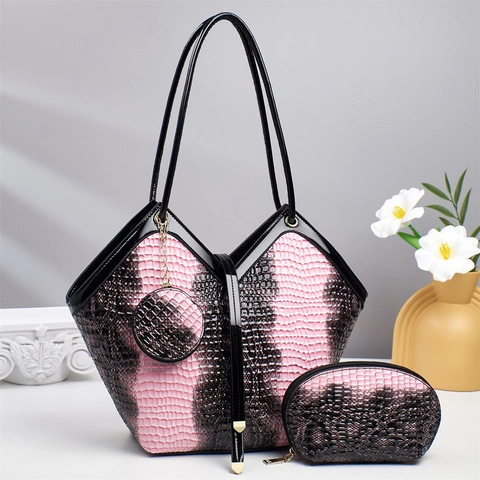Women Fashion Snake Skin Pattern PU Leather Tote Bag Set 3 Piece With Pouch Round Charm Crossbody Shoulder Handbag