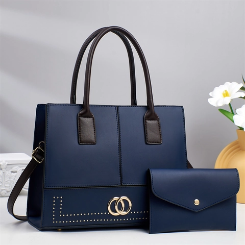 Women Large PU Leather Handbag And Envelope Wallet Contrast Color Rivet Studded Shoulder Crossbody Tote Bag