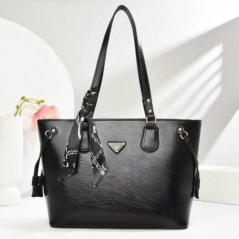 Vintage PU Leather Tote Bag For Women With Satin Scarf Elegant Solid Color Large Capacity Shoulder Bag Commute Handbag