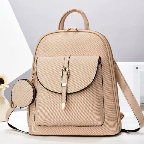 Women Fashion Backpack Large Capacity Synthetic Leather Fabric Stitching Travel Bag With Mini Round Purse Commute Casual Bag