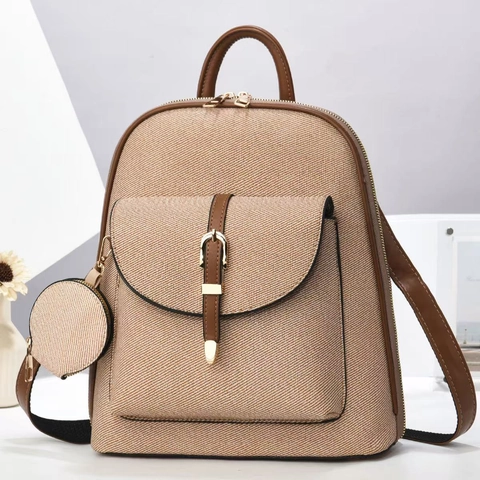 Women Fashion Backpack Large Capacity Synthetic Leather Fabric Stitching Travel Bag With Mini Round Purse Commute Casual Bag