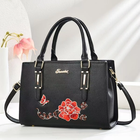 Women Luxury Floral Embroidery PU Leather Handbag Elegant Wedding Party Shoulder Crossbody Bag With Gold Hardware Lychee Texture