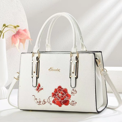 Women Luxury Floral Embroidery PU Leather Handbag Elegant Wedding Party Shoulder Crossbody Bag With Gold Hardware Lychee Texture