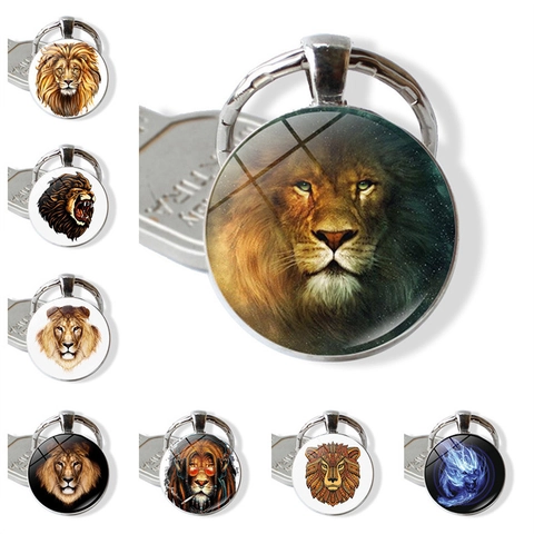 Löwenkopf Glas Cabochon Schlüsselanhänger Zinklegierung Metall Künstlerisch Tier Muster Anhänger Handgefertigt Schmuck Geschenk Unisex
