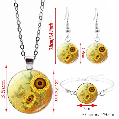 Zonnebloem Ketting Armband En Oorbellen Legering Glas Cabochon Vintage Pastoraal Bloemen Sieraden Voor Vrouwen Mode Accessoires