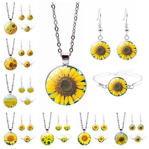 Zonnebloem Ketting Armband En Oorbellen Legering Glas Cabochon Vintage Pastoraal Bloemen Sieraden Voor Vrouwen Mode Accessoires