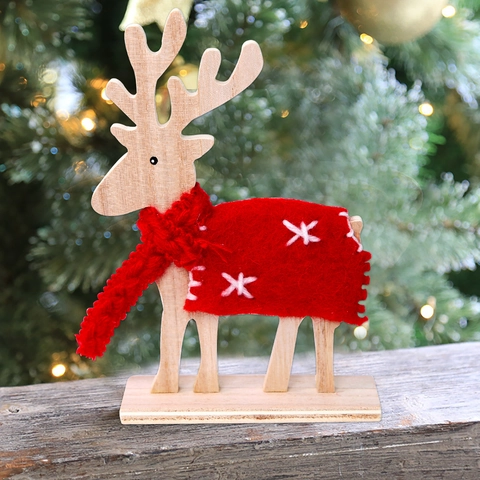 Décoration de Noël en Bois Renne de Table Avec Écharpe en Feutre de Laine Rouge Motif Flocon de Neige pour Maison Bureau