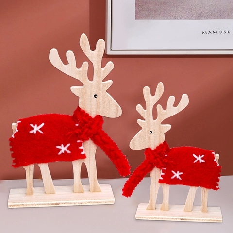 Décoration de Noël en Bois Renne de Table Avec Écharpe en Feutre de Laine Rouge Motif Flocon de Neige pour Maison Bureau